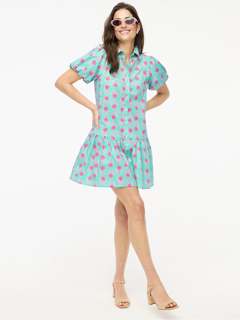 J. Crew SpearMint Mini Dress with Pink Floral Bubble Sleeves Size 6